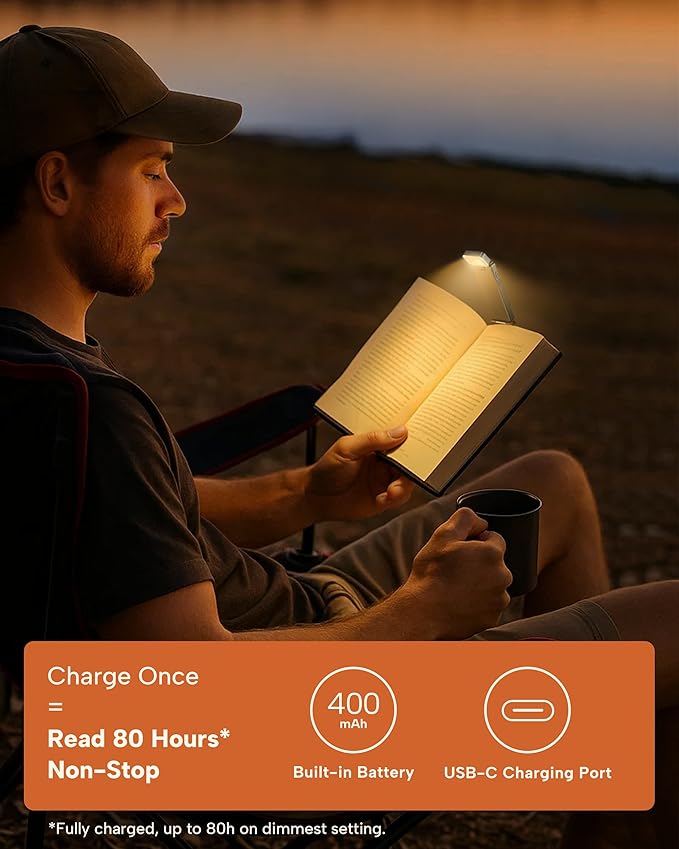 86lux Book Light, Rechargeable Reading Lights for Books in Bed, Ultralight Clip-on LED Bookmark Lamp with 3 Amber Colors & Stepless Dimming for Night Reading for Book Lovers, Kids, Ashen