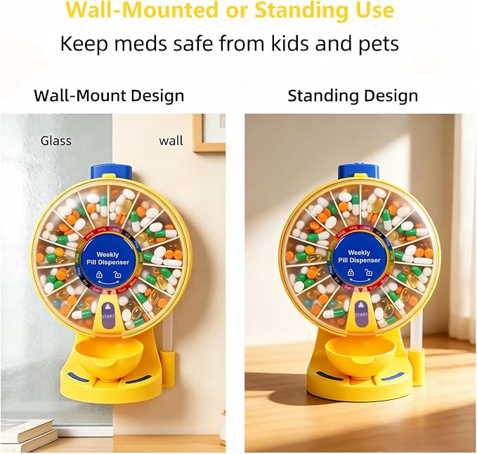 EziMedPil Pill Organizer for Children’s Vitamins with No-Flip & Child Proof | One-Press Button Wall-Mounted or Free-Standing Container as Gift for Kid’s Candy, Repeatedly Pressing as a Stress-Relief Toy