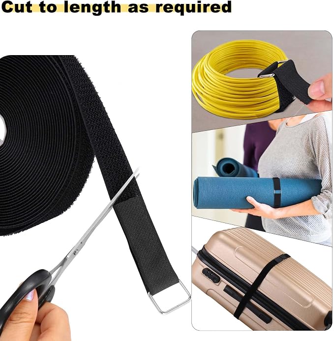 YMCRLUX 1"x16ft Hook and Loop Straps with 25 Metal Buckles, Adjustable Fastening Cable Straps, Cut-to-Length Cinch Strap, Reusable Nylon Securing Cord Ties for Organizer or Storage, 1 inch Wide, Black