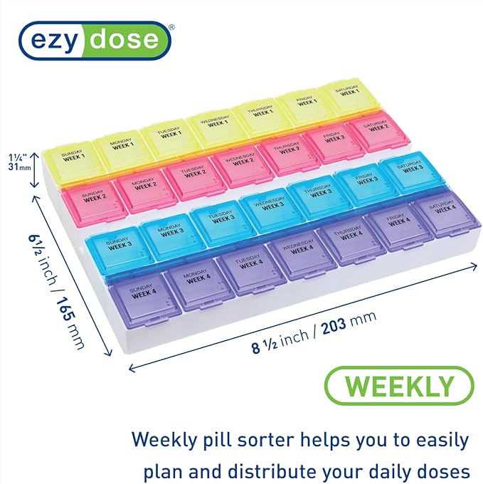 EZY DOSE Monthly (28-Day) Pill Case, Daily Medicine Planner, Vitamin Organizer, Supplement Container, One Month, Large Contoured Compartments, Convenient and Easy to Use, Colored Lids, BPA Free | Daily Vitamin & Supplement Prescription Box, Compact Con...