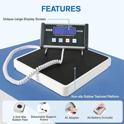 SIKE Digital Physician Scale, Medical Floor Scale for Body Weight, 550 lb Limit Professional Weight Scale, Portable Easy to Read Digital Display, Heavy Duty, Pound & KG Settings, 12.5" x 12" Platform | Portable