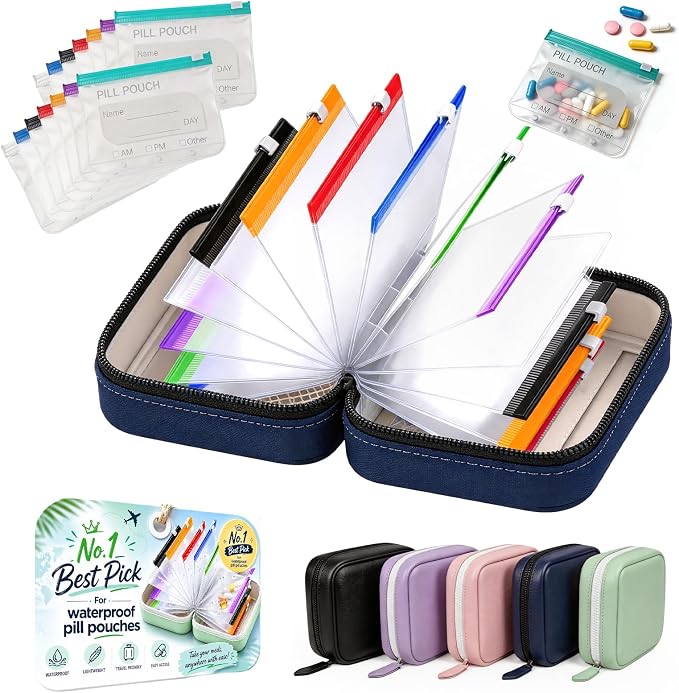 14 Day Travel Pill Kit Personal Medicine Organizer Case Set A8 Waterproof Pill Pouch for Travel Small Portable Storage Binder Style with Bags Cute Medication Purse Zipper Pocket (Blue-14 Pouches)
