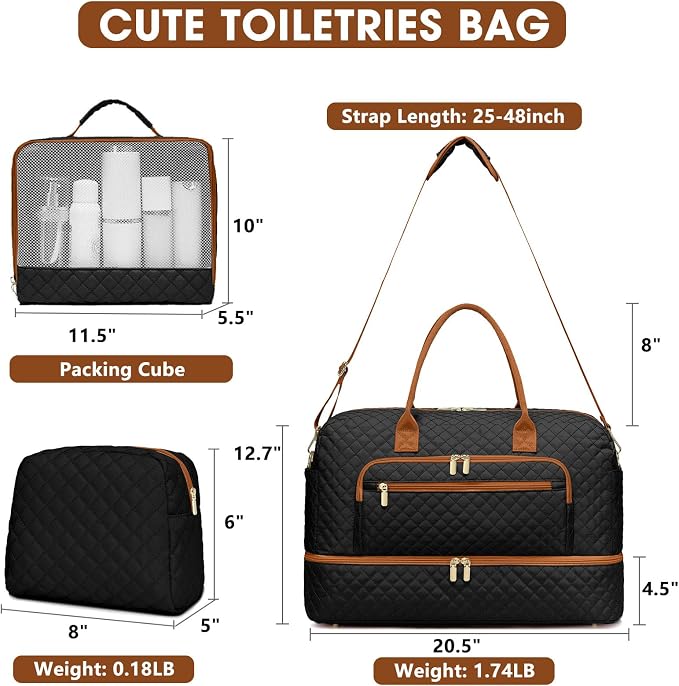 Large Women Travel Duffle Bag, Weekender Bags for Women with Shoe Compartment, Carry on Overnight Bag with Toiletry Bag, Gym Duffel Bag with Wet Pocket, Hospital Bags for Labor and Delivery 3 PCS Set