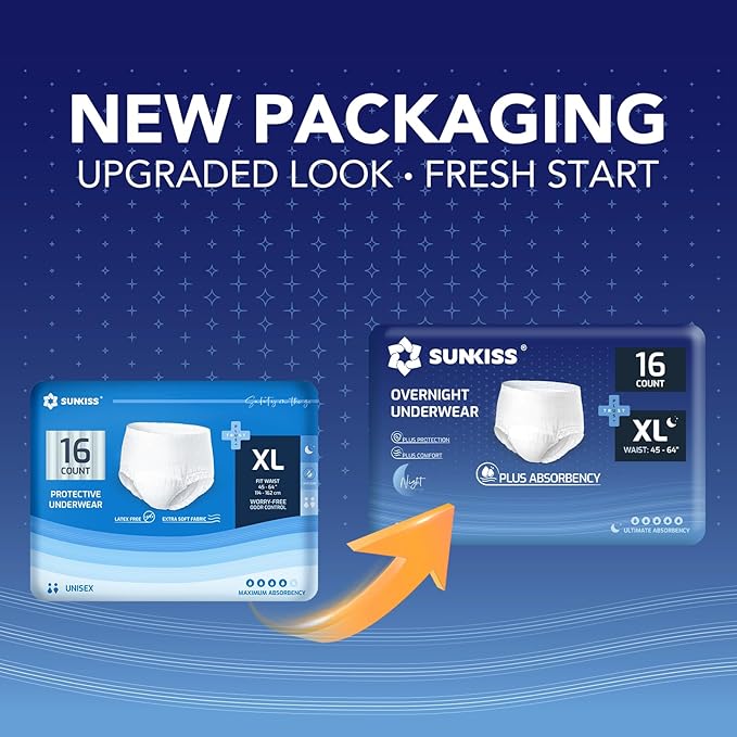 SUNKISS TrustPlus Incontinence Disposable Underwear for Men and Women, Adult Pull Ups with Heavy Absorbency, Leak Protection, Odor Control, XLarge Overnight, 64 Count (4 Packs of 16)