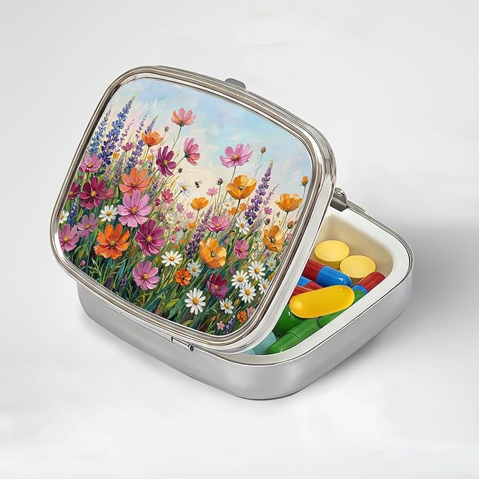 LRITER Pill Case, 2 Compartment Portable Small Travel Pill Organizer for Purse and Pocket, Stylish Medicine Case with Multiple Patterns, Daily Pillbox for Home & Travel (Little Flower)