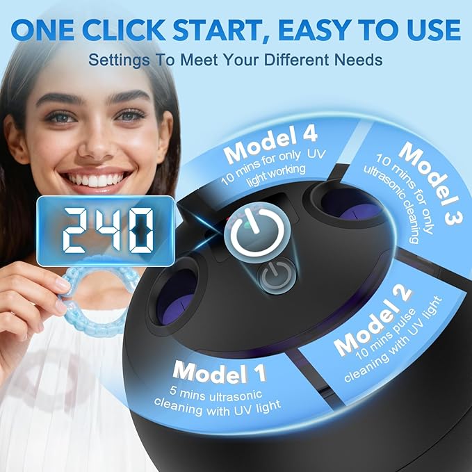 Dental Ultrasonic Retainer Cleaner - 48kHz Dental Cleaning Pod for Denture, Braces, Mouth Guard, Toothbrush Heads, Jewelry, 4 Modes Retainer Cleaner Machine with Digital Timer & 200ML,Black