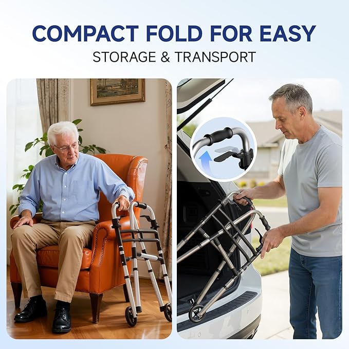 Walkers for Seniors Foldable, Aluminum Lightweight Walker with Wheels, Adjustable Height & Width Standard Walkers for Elderly & Disabled, 350 lbs Capacity, Silver