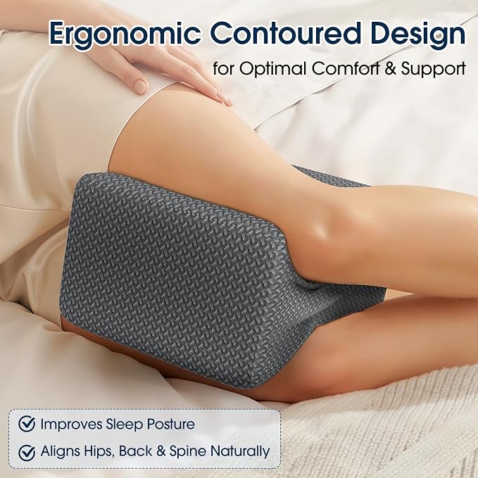 BlissTrends Memory Foam Knee Pillow, Knee Pillow for Side Sleepers, Leg Pillows for Sleeping Blood Circulation, Elevation Pillow for Spine Aligning, Sciatica, Hip, Knee, Ankle Pain, Dark Grey, Medium