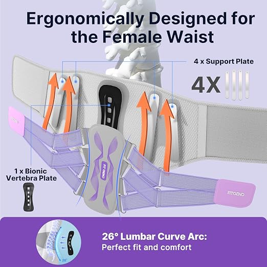 Fit Geno Back Brace for Lower Back Pain Women: Adjustable Lumbar Support Brace for Pain Relief - Breathable Waist Belt for Comfort - L