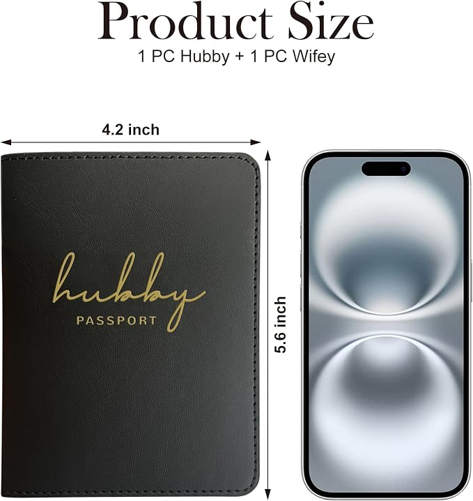 HubbyWifeyGifts Matching Passport Holder for Hubby and Wifey, PU Leather Passport Cover with RFID Blocking, Honeymoon Essentials for Travel, Engagement Gifts for Couples