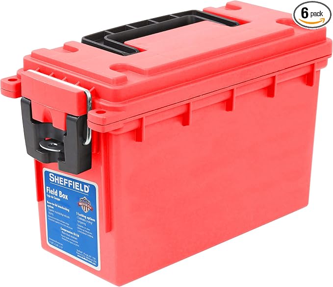 Sheffield 12636 Ammo Storage Box, Stackable .30 Cal Field Boxes, Water and Dust Resistant, Lockable Storage Box with Handle, Secures Hunting Gear, Supplies, and Bullets, Made in USA, Red, (Pack of 6)