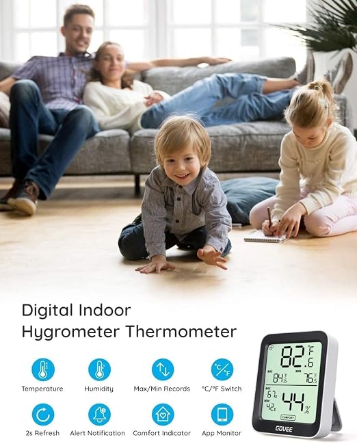 Govee Indoor Hygrometer Thermometer H5075 with Bluetooth App Control | Room Temperature Humidity Meter, 164ft Remote Monitor, Smart Alerts, 2 Years Data Storage Export, for Bedroom Wine Cellar