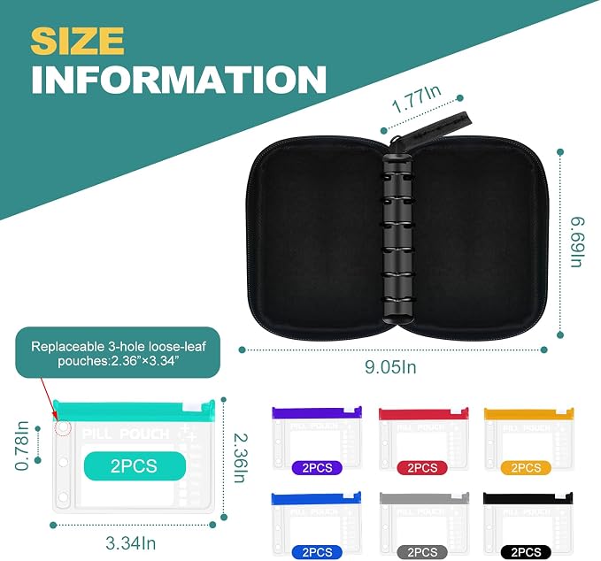 Timueetech A7 Waterproof Pill Organizer with 14 S Zippered Pill Pouches for A7 Binder, Small BPA-Free Weekly Medicine Organizer, Color-Coded Reusable Travel Pill Storage System