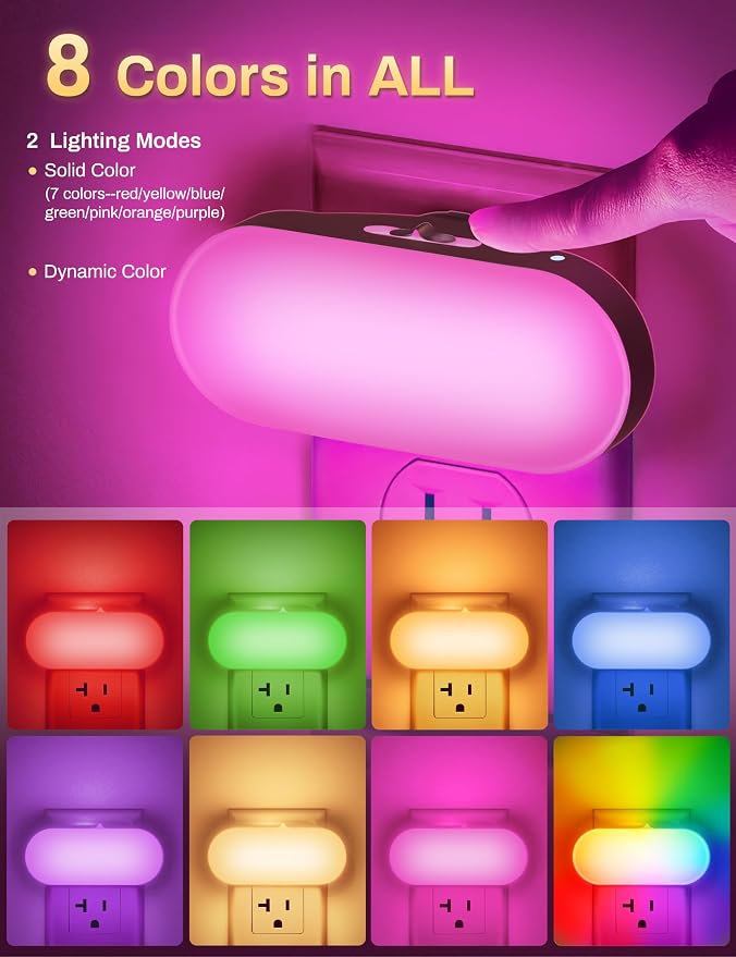 RGB Night Lights Plug into Wall,Dusk to Dawn Color Changing | 0.7W LED Night Light,for Kids Room Bathroom,Night Light,Stair Lights,Hallway Light,Color Moving,4 Pack