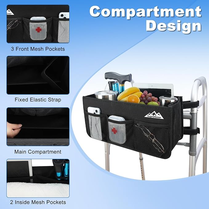 supregear Walker Basket, Foldable Walker Bag with Cup Holder, Storage Pouch with Large Capacity and Never Tipping Over, Hand-Free for Seniors Elderly, Not Fit for Rollator, Black