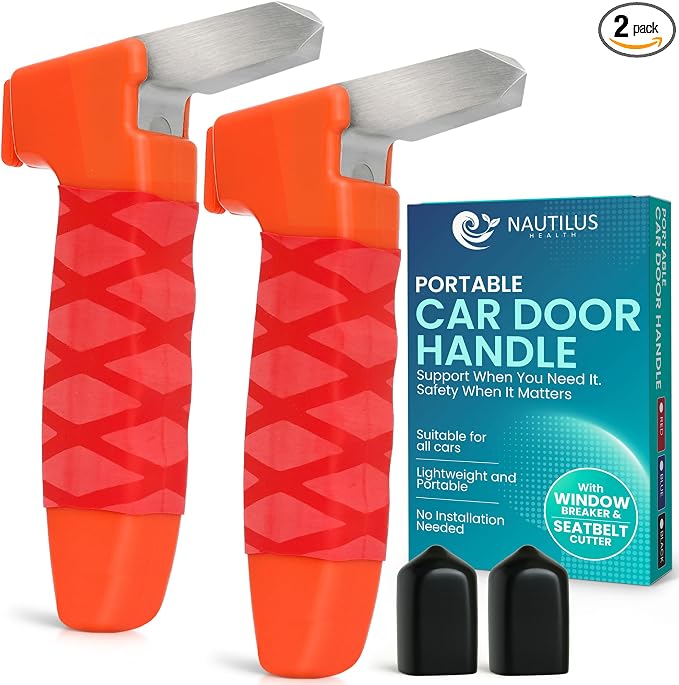 Car Door Handle for Elderly - Car Cane Mobility Aid Tool, Steel Hook, Supports Up to 300 lbs, 3 in 1 Car Door Latch Bar for Seniors & Handicapped, Easy Tool-Free Use, Pack of 2 - (Red)