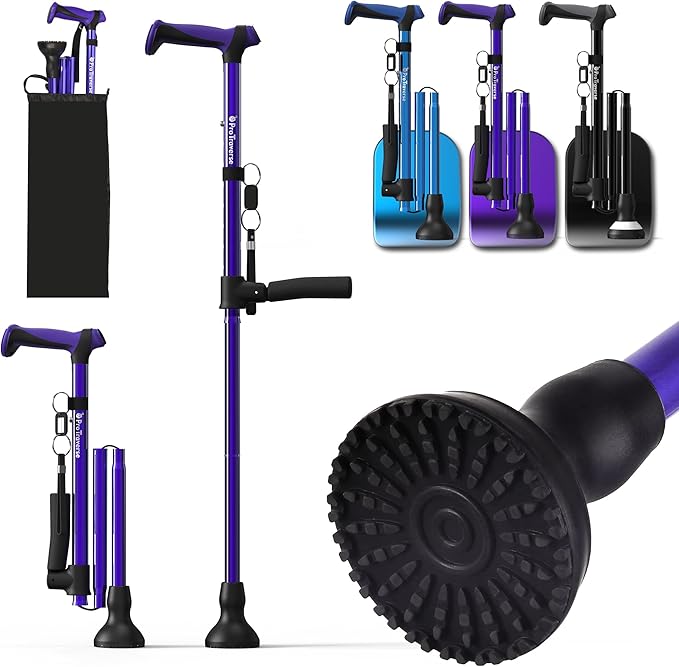 Walking Cane for Men & Women,Foldable,Adjustable,Self Standing Cane with Second Handle,350lbs Heavy Duty,All Terrain,Collapsible Walking Sticks for Seniors & Adults,Purple