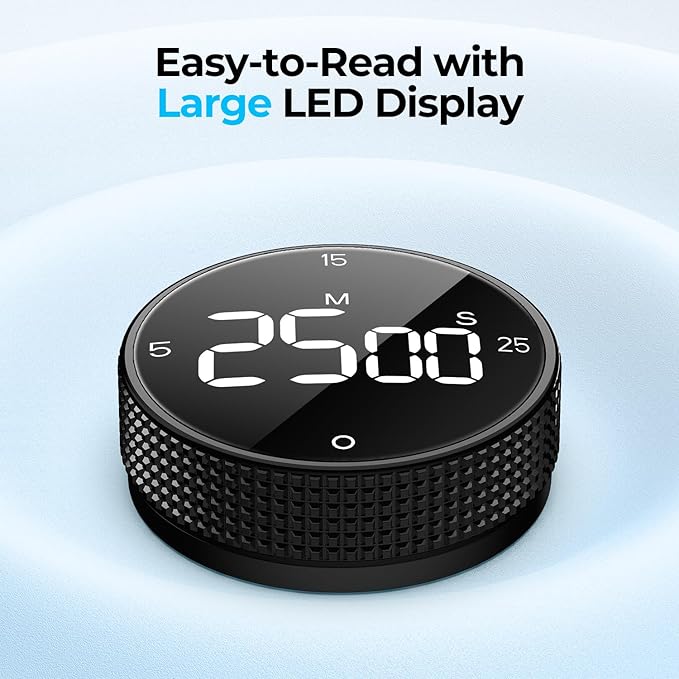 Magnetic Kitchen Timer for Cooking with Loud Alarm - Large LED Display Rotating Countdown Pomodoro Timer, Preset 5/15/25 Mins Easy for Seniors and Kids，for Baking Grilling Studying