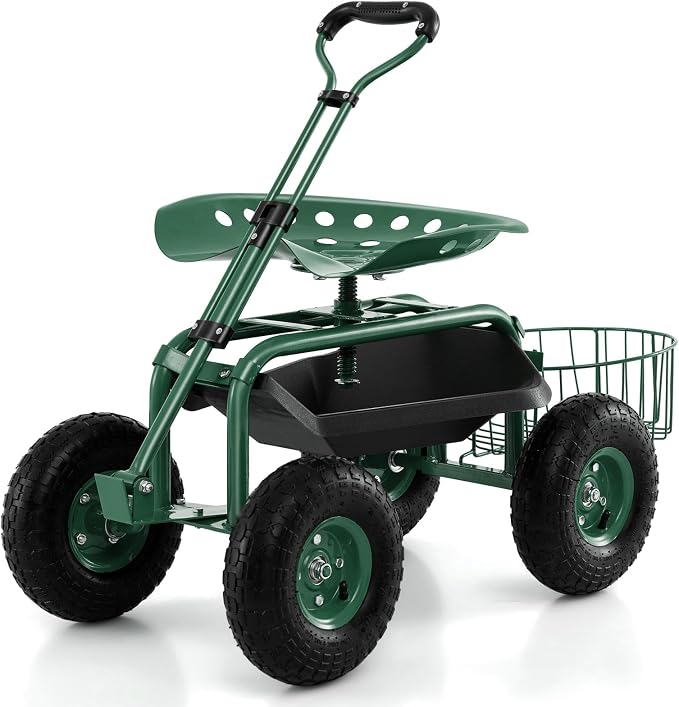 Garden Seat with Wheels, Rolling Stool with Extendable Handle, Storage Basket & Tool Tray, Garden Scooter with 360 Degree Swivel Seat for Outdoor & Yard (Green)