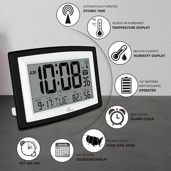WallarGe Atomic Clock with Indoor Temperature and Humidity, 12.5 Inch Self-Setting Digital Wall Clock or Desk Clock, Battery Operated Digital Clock Large Display for Seniors, Auto DST
