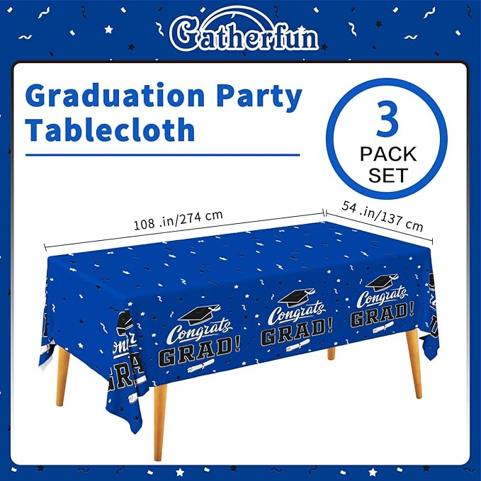 Gatherfun Graduation Decorations 2026, Gongrats Grad Tablecover for Graduation Party Supplies, 3 pcs Class Blue Table Cloths, 54"x108"