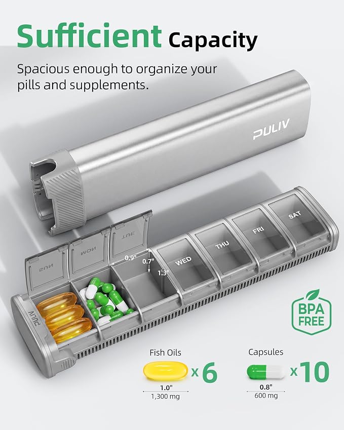 PULIV Metal Weekly Pill Organizer with Sturdy & Sleek Aluminum Alloy Case, Pill Case with Triple Protection Against Spilling, Compact Travel Pill Box 7 Day for Vitamins, Fish Oil, Supplements, Silver