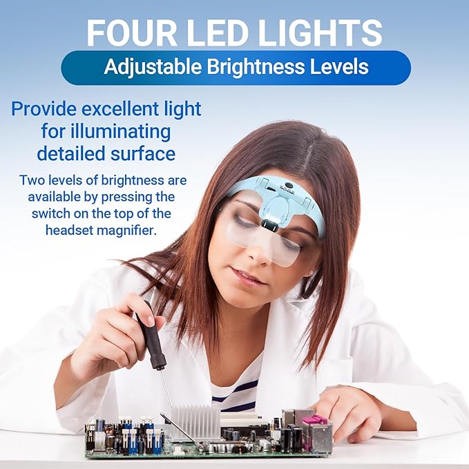 YOCTOSUN Magnifying Glasses with 4 LED Lights, Head Mount Magnifier with Storage Case,5 Lenses, Headband, Hands Free Lighted Head Magnifying Visor for Hobby Crafts & Close Work