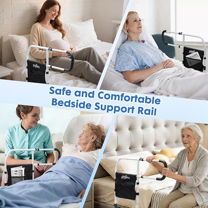 Bed Rails for Elderly Adults, Adjustable Bed Assist Rails for Seniors with Non-Slip Handle & Storage Pocket, Bed Assist Bar Supports up to 350 Lbs, Fits Twin/Full/Queen/King Beds