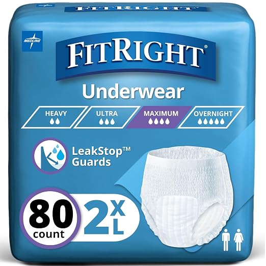 Medline FitRight Adult Incontinence Underwear, Heavy Absorbency, XX-Large, 68-80 (80 Count)
