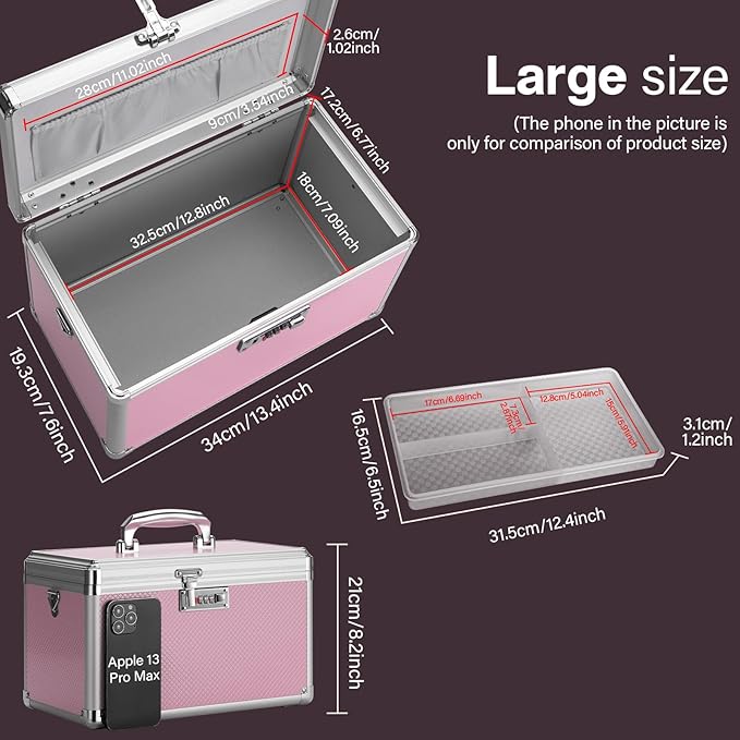 Medicine Lock Box With Combination Lock - 13.4 x 7.6 x 8.2 Inches - First Aid Safe Medication Storage Box, Medications and Personal Items, Safe Boxes for Home and Outdoor - Pink