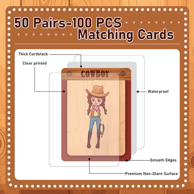 gisgfim 100 PCS Memory Matching Game Cowboy Concentration Memory Card Games for Kids Educational A Fun & Fast Western Party Favor Wild West Theme Matching Games