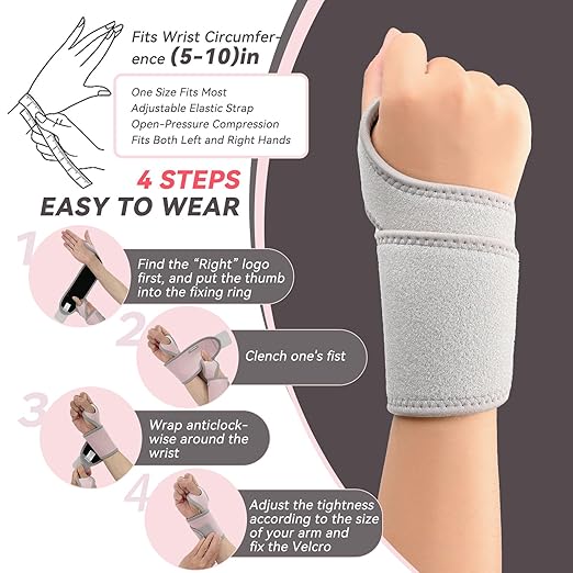 Wrist Support Brace for Carpal Tunnel 2 Pack Right Left Hand, Wrist Wraps for Women Men, Adjustable Wrist Compression Brace for Tendonitis, Arthritis, Weightlifting, Sports, Day Night Support, Grey