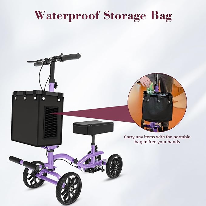 Lightweight Knee Scooter Crutch Alternative, Foldable & Adjustable Knee Scooter for Adults for Foot Surgery, Steerable Knee Walker with Detachable Basket, Includes DIY Stickers-Cream Purple