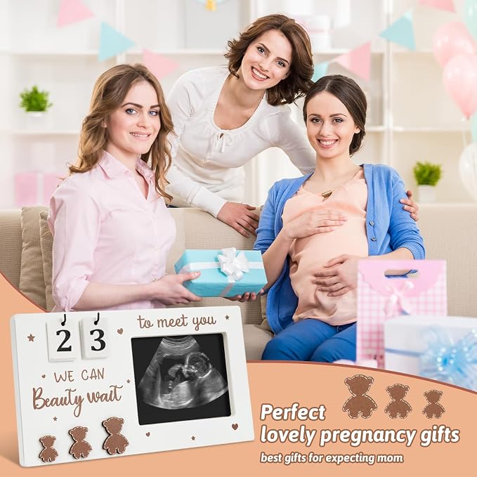 Draupnir Sonogram Picture Frame, Wooden Ultrasound Photo Frame with Baby Countdown Weeks, Bear-Themed Ultrasound Keepsake Gift for Expecting Parents, New Mom - First Pregnancy, Announcement (Brown)