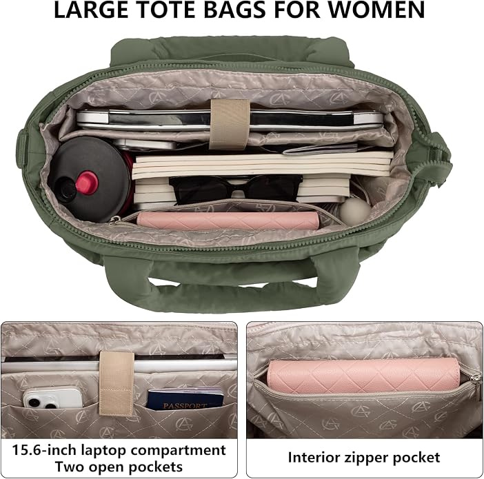 Puffer Tote Bag for Women Quilted Nurse Bag Lightweight Work Bag for Teacher Travel Handbag with Multiple Pockets