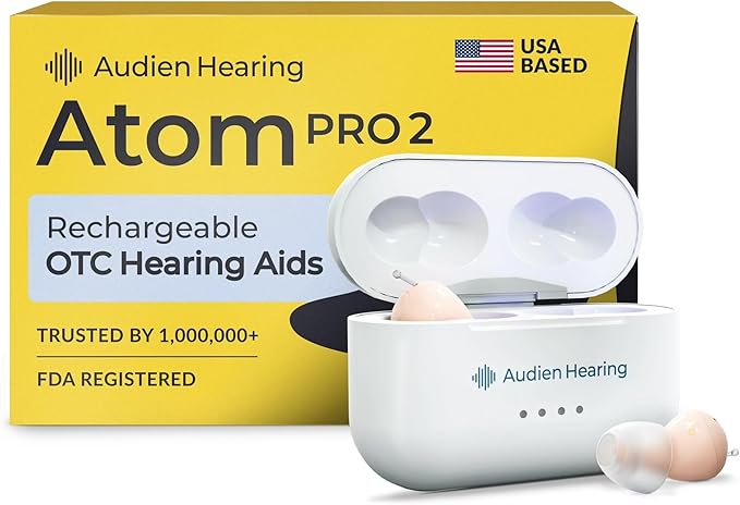 Audien Atom Pro 2 Hearing Aid | Wireless, Rechargeable, OTC for Seniors & Adults, Nearly Invisible, Premium Comfort Design