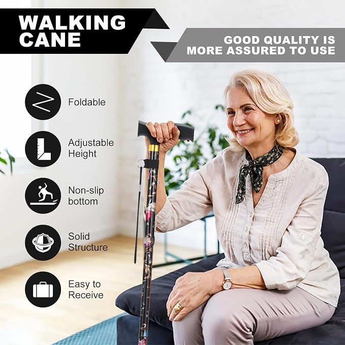 PARLORA Walking Cane for Women and Men, Collapsible, Lightweight, Sleek, Foldable Folding Cane | Walking Sticks for Seniors & Adults with Comfortable T-Handle