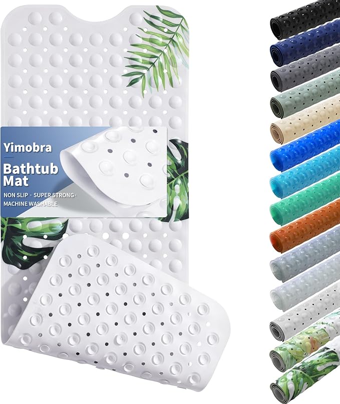 Yimobra Non Slip Bathtub Mat 40 x 16 Inch, Extra Long Shower Mat with Drain Holes, Machine Washable Baby Bath Mats, Strong Suction Cups for Bathroom Floor, Monstera
