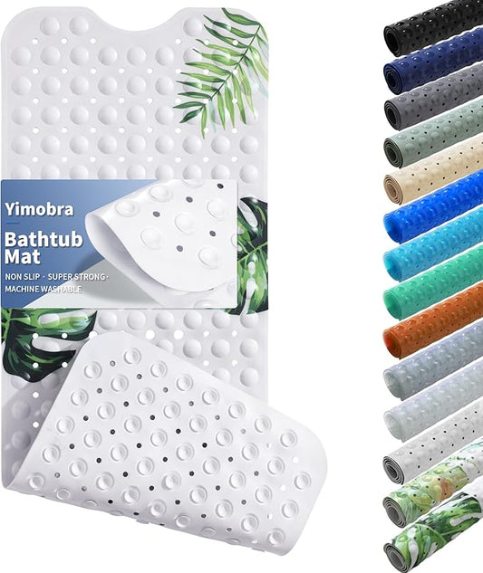 Yimobra Non Slip Bathtub Mat 40 x 16 Inch, Extra Long Shower Mat with Drain Holes, Machine Washable Baby Bath Mats, Strong Suction Cups for Bathroom Floor, Monstera