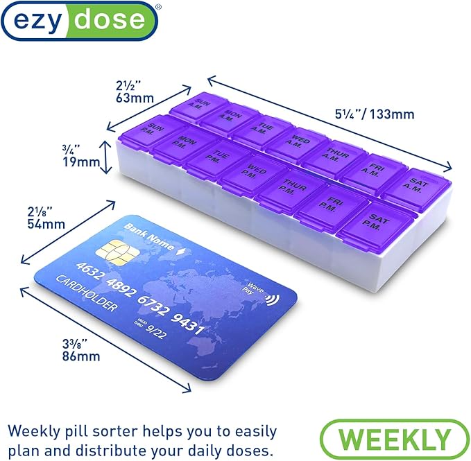 EZY DOSE Weekly (7-Day) AM/PM Daily Pill Case, Medicine Planner, Vitamin Organizer, Fish Oil Holder, Supplements Container, Medium Compartments, 2 Times a Day, Color May Vary, BPA Free (Pack of 3)