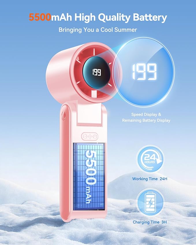Portable Handheld Turbo Fan, 199 Gear Speed, 24 Hs Cooling Time, 5500mAh Rechargeable Mini Personal Hand Fan, Foldable Design, Travel Essentials, Beach Vacation, Gifts for Women, Men,Pink