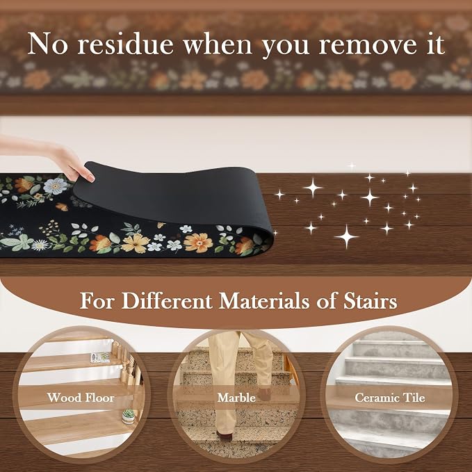 OJIA Stair Treads Non-Slip Carpet Stair Treads for Wooden Steps Indoor | 15PCS 30"x8" Floral Stair Runner Stair Mats Staircase Step Treads for Kids, Elders and Dogs, Stair Covers, Black
