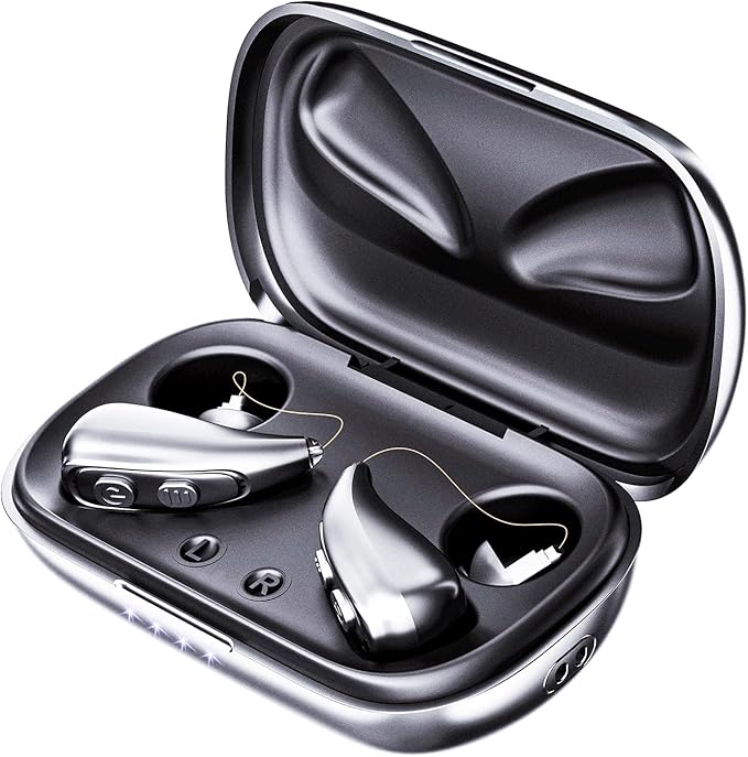 Hearing Aid for Seniors，OTC 32 Channel 5 Volume Hearing Amplifier with Rechargeable Case & Noise Cancelling Phones Sound Cleaner，Invisable Ergonomic Auto-On/Off Digital Hear Aid for Dryer Hear Loss