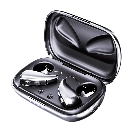Hearing Aid for Seniors，OTC 32 Channel 5 Volume Hearing Amplifier with Rechargeable Case & Noise Cancelling Phones Sound Cleaner，Invisable Ergonomic Auto-On/Off Digital Hear Aid for Dryer Hear Loss (Light Sliver)