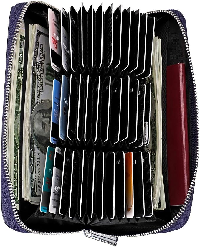 Women 36 Slots RFID Blocking Card Holder Large Long Leather Zipper Organizer Accordion Wallet,Navy Blue