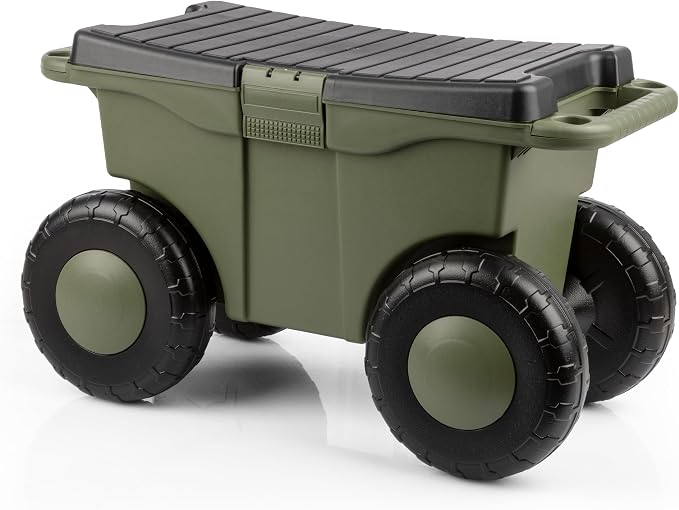 Pure Garden Rolling Garden Cart with Seat - Plastic Storage with Bench and Interior Tool Tray - Gardening Stool for Weeding and Planting (Green)