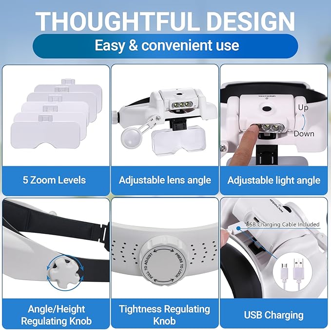 YOCTOSUN Magnifying Glasses with Light 1X-14X, Rechargeable LED Headband Magnifier with 6 Lenses and Storage Case, Hands Free Head Magnifying Visor for Close Work, Sewing, Crafts,Jewelry