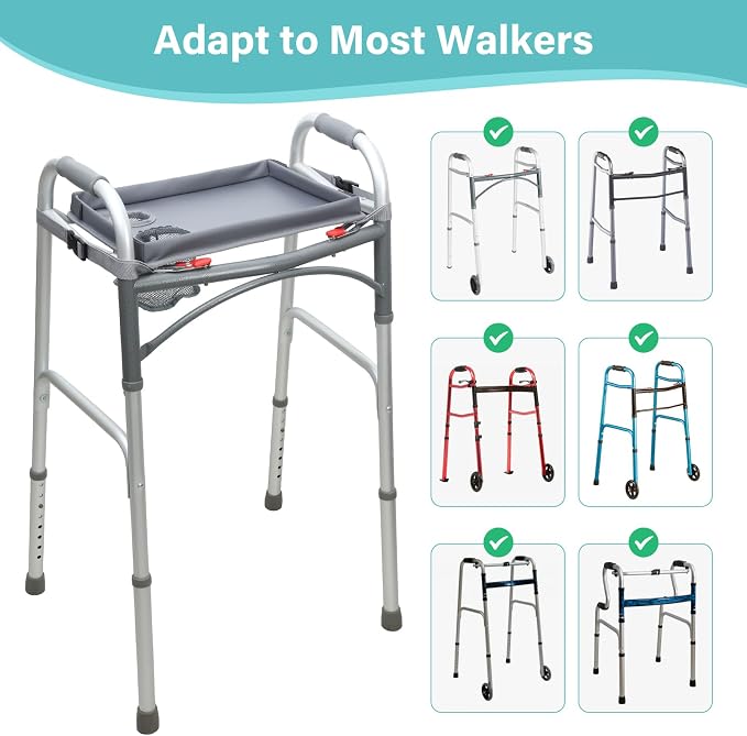 Detachable Walker Tray with Cup Holder, Rolling Folding Walker Accessory for Elderly, Gray Without Pockets with Baffles