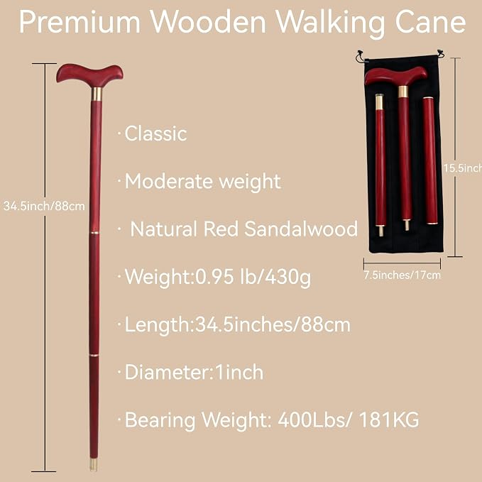 Handcrafted Solid Wood Walking Cane, 3-Section Detachable Brass Joints, Heavy Duty 400+ lbs Support, Lightweight 0.88 lbs, Anti-Slip Rubber Tip, 34.6 in