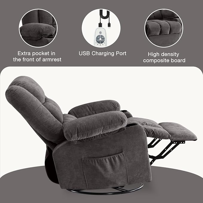 Massage Swivel Rocker Recliner Chair with Vibration Massage and Heat Ergonomic Lounge Chair for Living Room with Rocking Function and Side Pocket, 2 Cup Holders, USB Charge Port